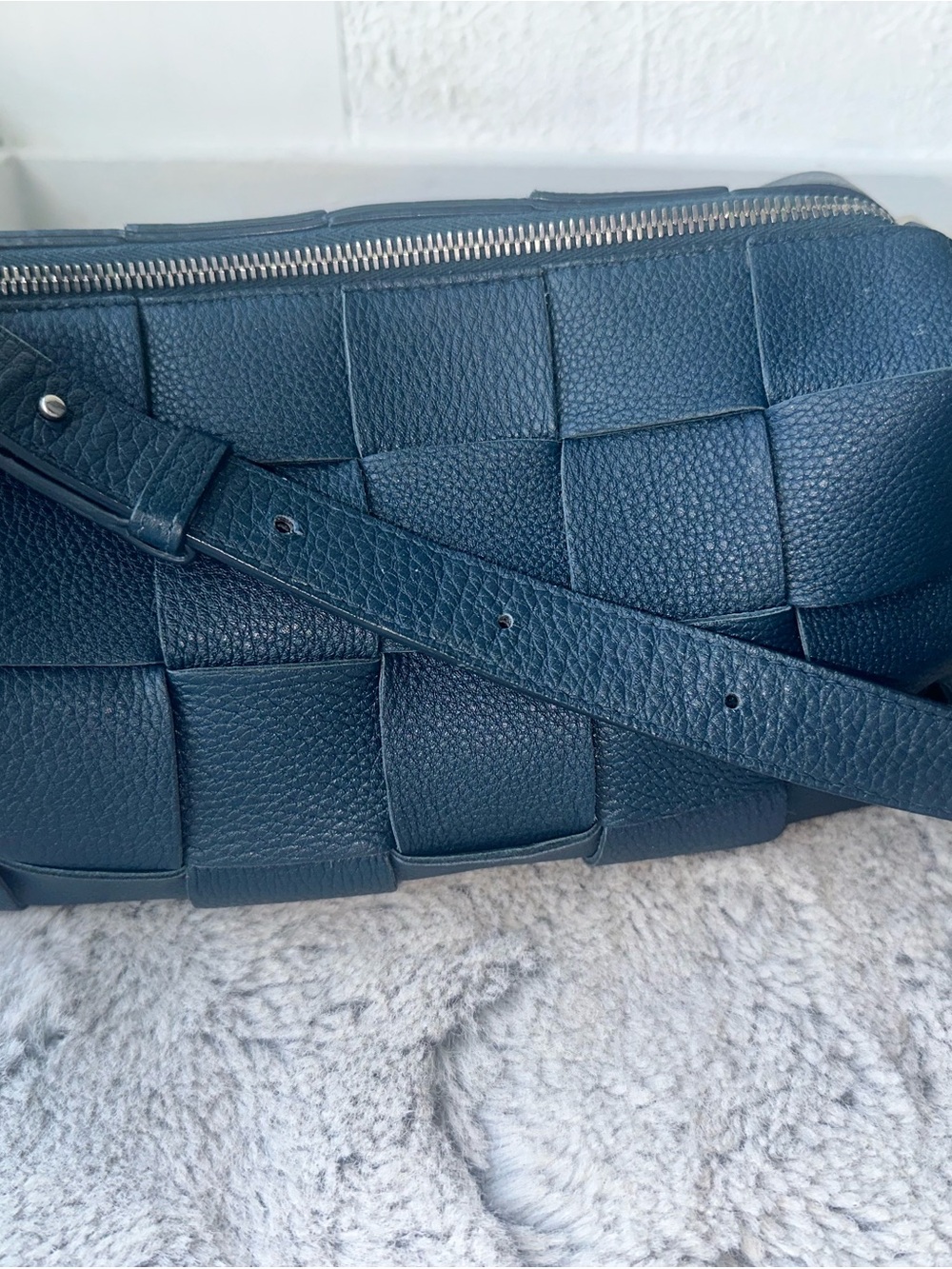 Bottega Veneta Brick Cassette Dark Teal Woven Leather Shoulder Bag